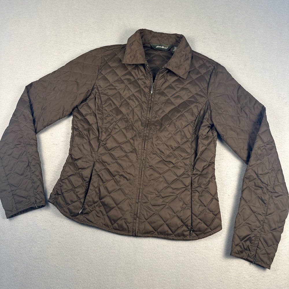 Eddie Bauer Quilted Goose Down Jacket Women Small Brown Lightweight Full Zip